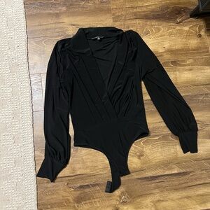 Lulu's Black Wrap Bodysuit with Plunging Neckline